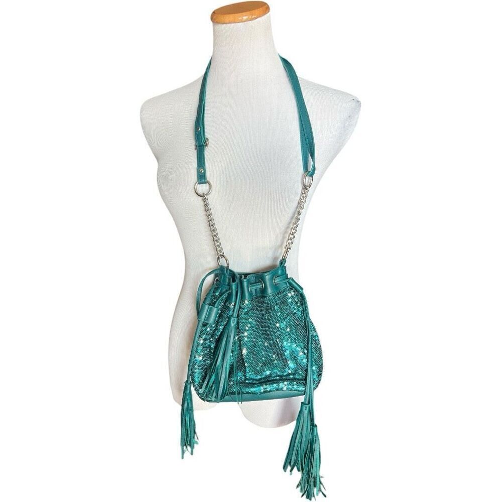 Womens Ion Turquoise Sequins Crossbody Chain Strap Cinch Tassel Purse
